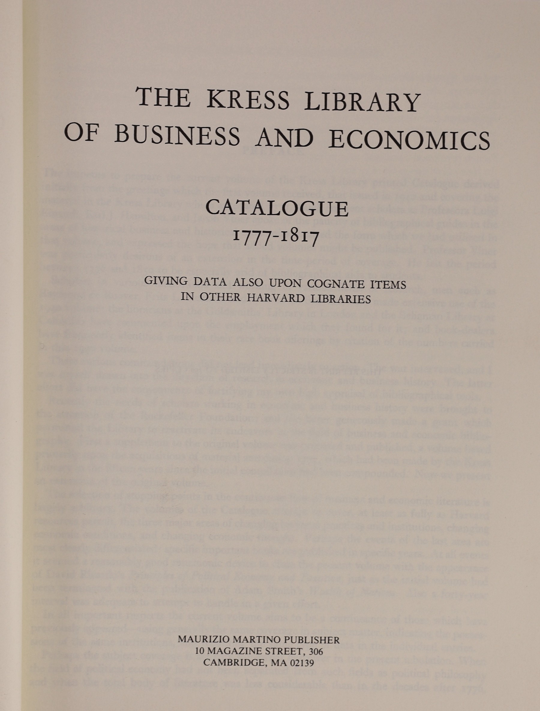 The Kress Library of Business and Economics, Catalogue. 4 vols. publisher's gilt lettered cloth, 4vo. Boston & Cambridge (Mass.), 1964